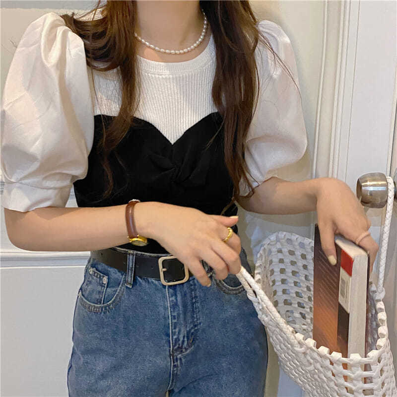 

Летние женские топы с коротким рукавом Новые приталенные темпераментные сшитые контрастные по цвету короткие вязаные свитера Тренд ONESIZE чёрный