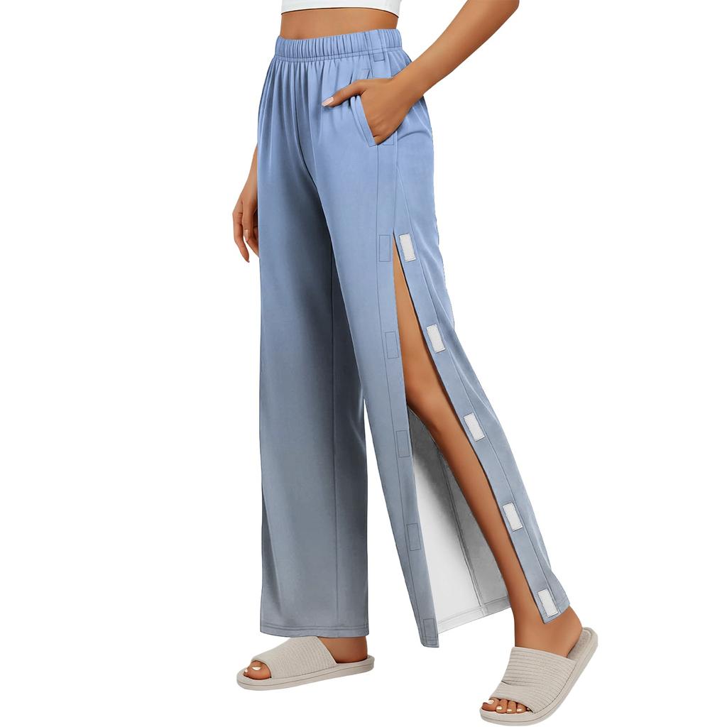 Women Gradient Side Hook and Loop Closure Easy Open Post Surgery Recovery Care Long Pants Elastic Waistband Lightweight Fabric