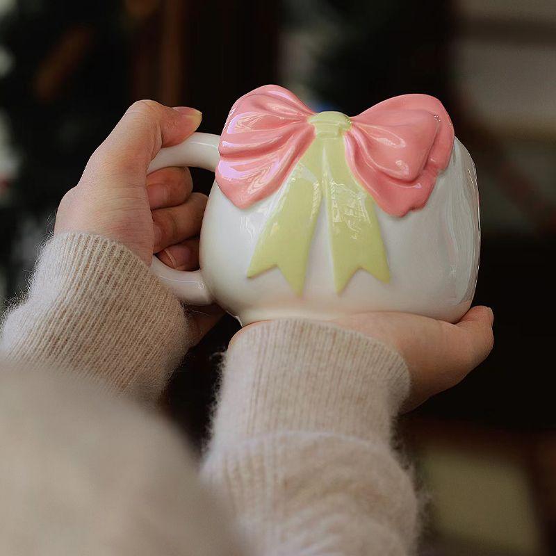 Bow Knot Kawaii Ceramic Mug Niche Hand-painted Girlfriend Princess Coffee Latte Cup Home Breakfast Milk Drink Mugs Birthday Gift