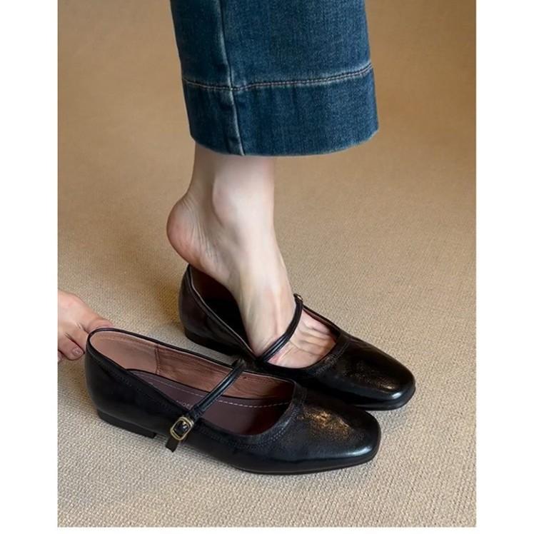 Genuine Leather French Retro One-word Buckle with Mary Jane Shoes Women's Flat Temperament Shallow Mouth Single Shoes Small Leather Shoes