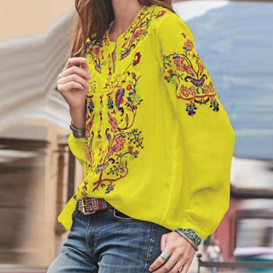Vintage Women O Neck Long Sleeve Floral Print Pullover Loose Plus Size Shirt