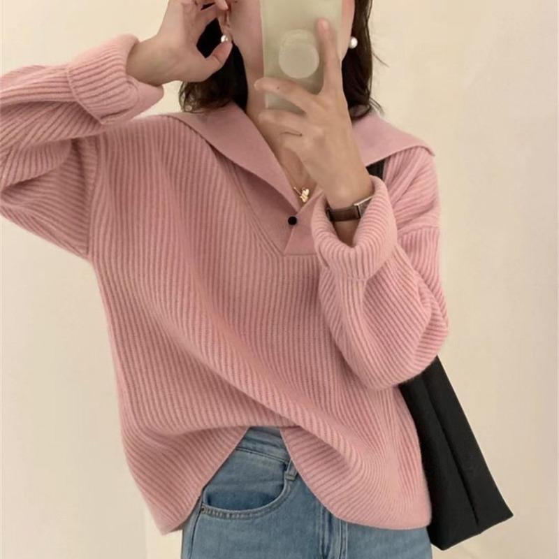 Solid color fashionable simple pullover sweater women's autumn and winter new versatile loose and thin knitted sweater top