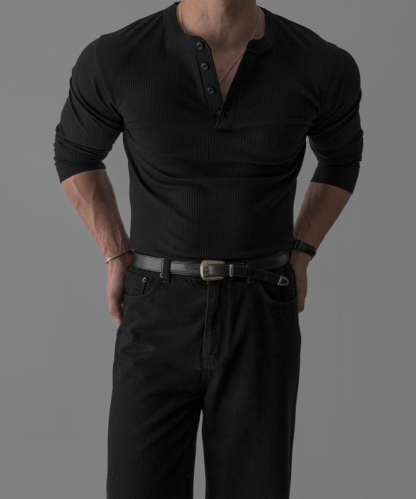 Camiseta de Punto Henley de Canalé Suave Baulopeulodeogteu [Negro]