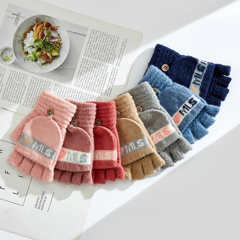 Winter Cute Gloves Winter Ladies Thickened Student Writing Half Finger Flip Warm Knitted Wool Cold