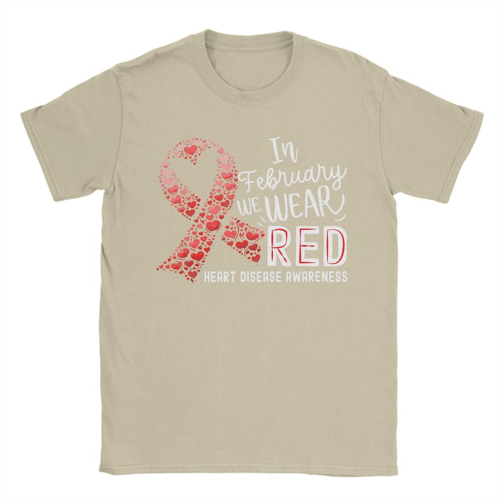 Unisexs In February We Wear Red Heart Disease Awareness Month Ribbon T Shirts  Pure Cotton Clothing Awesome Round Collar Tee Shirt