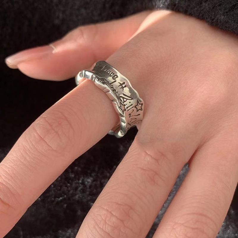 Retro Love Star Graffiti Ring Silver Color Punk Gothic Open Ring For Women Men Handmade Unisex Designer Accessories Gift