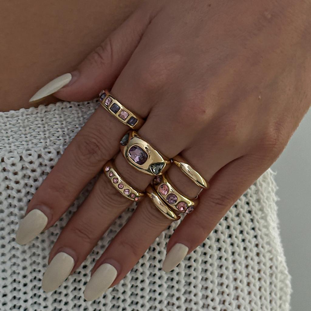 Gold Color Rhinestones Adjustable Opening Rings Inlaid Green Pink Stones Ring For Women 6 Piece Jewelry Gift Collection