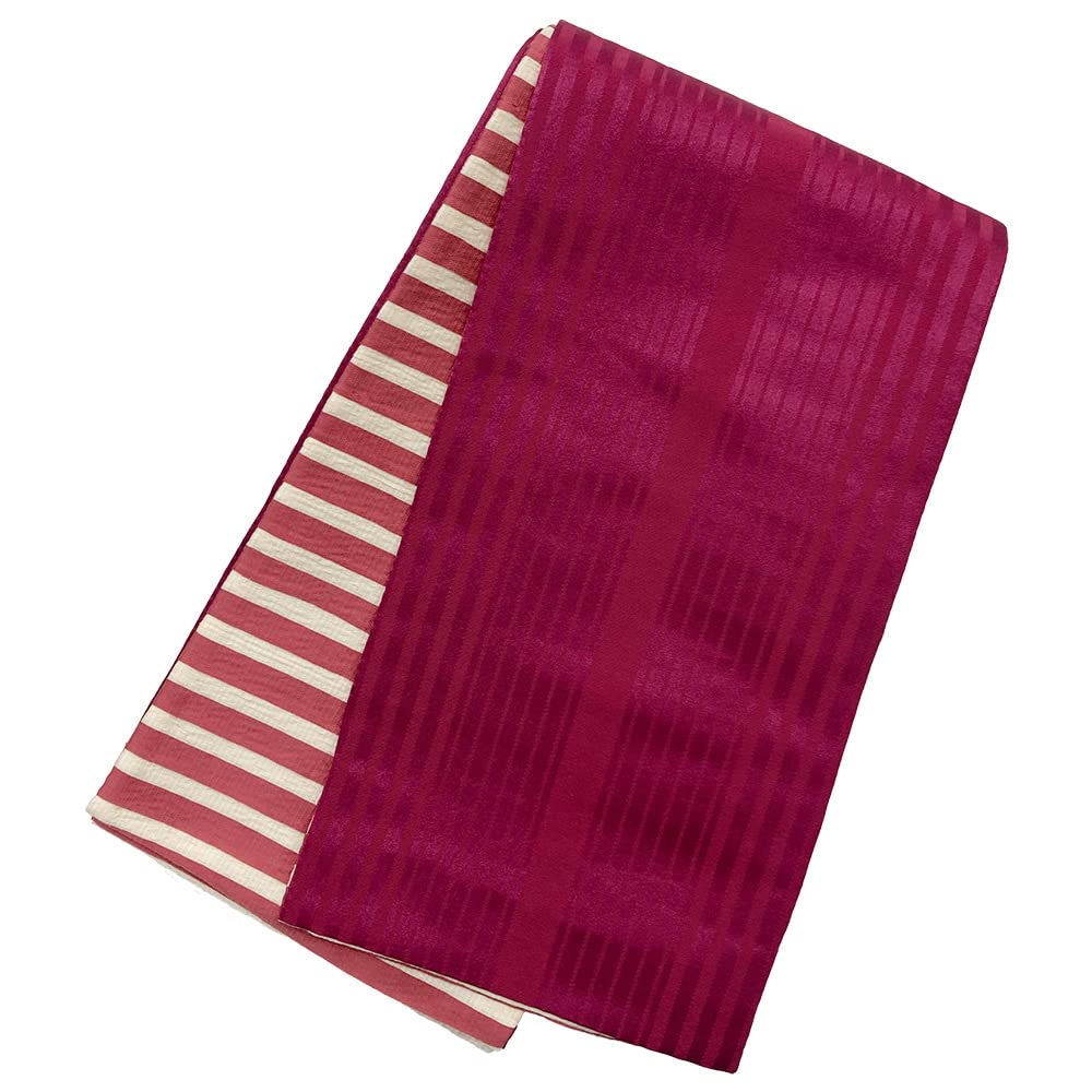 Kyoto Kimono Yuzen Half-Width Reversible Obi with Border and Washed-Style Narrow Obi for Women (Red)