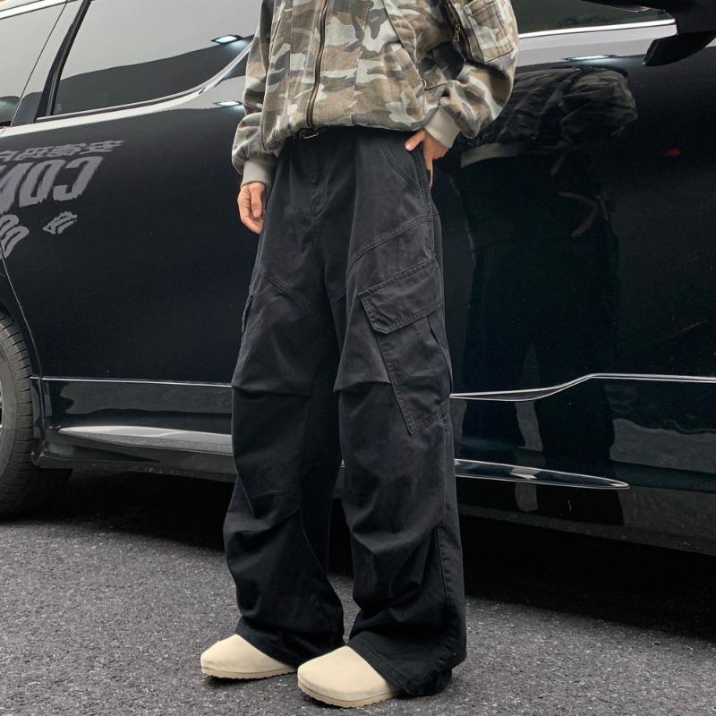 Fashion Men's Black Loose Wide Leg Cargo Pants Baggy Parachute Streetwear Trousers