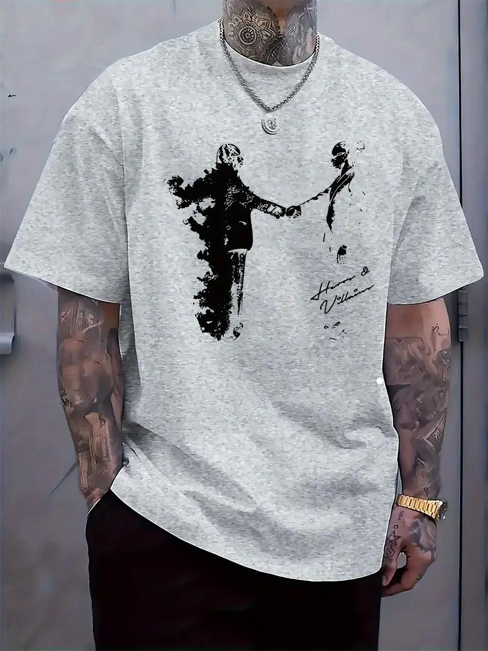 Hero Villain Handshake Graphic Print T-shirt - Light Grey Regular Fit Casual Short Sleeve Round Neck Tee for Summer XXXXL