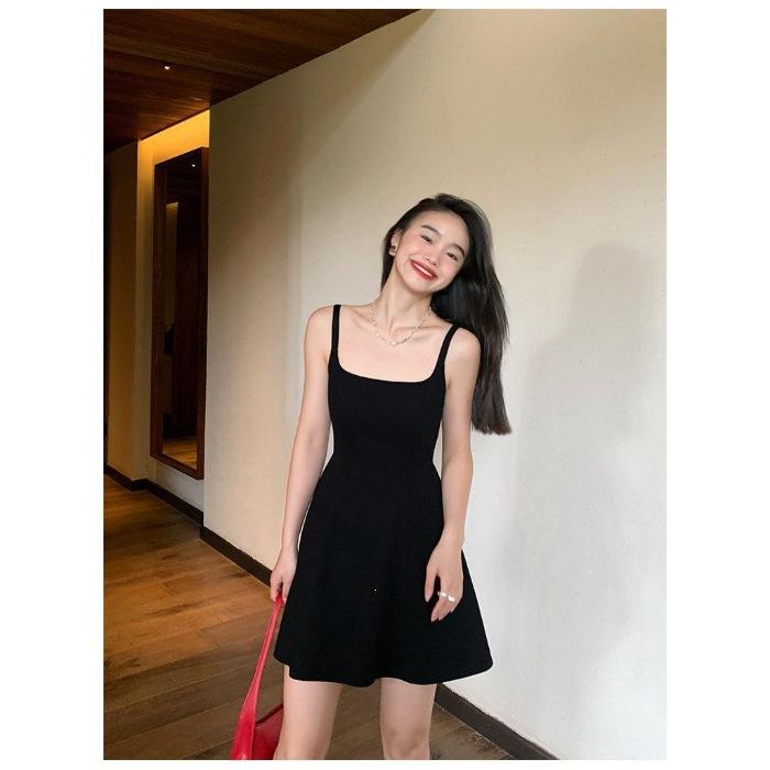

Black suspender dress women s summer new splicing high-end temperament waist skirt a-word short skirt S