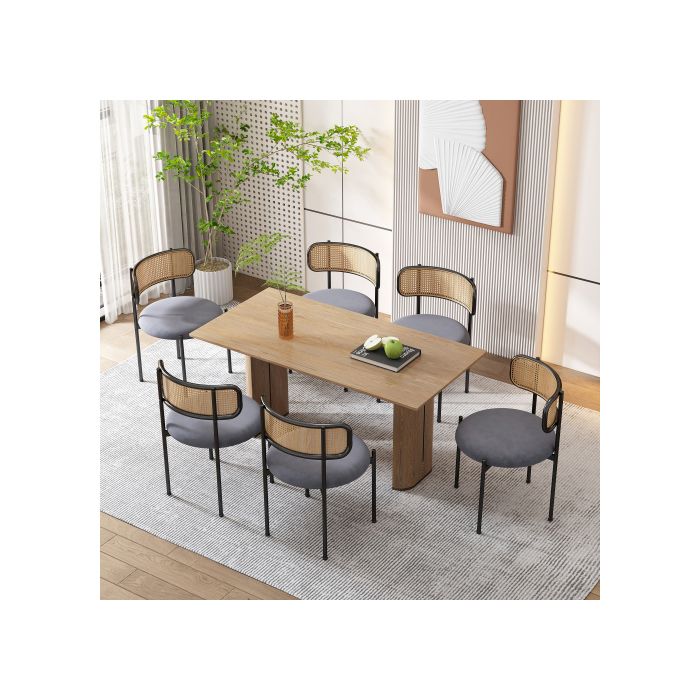 Chaise De Salle À Manger - MUVOE - Lot De 4 - Velours Gris - Dossier En Rotin - Pieds En Métal