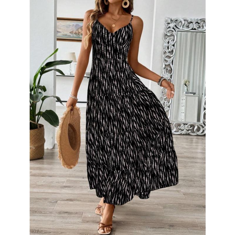 YYFS Women's Fashion Summer Spring Stripe Print Sleeveless V-Neck High Waist Casual Dresses