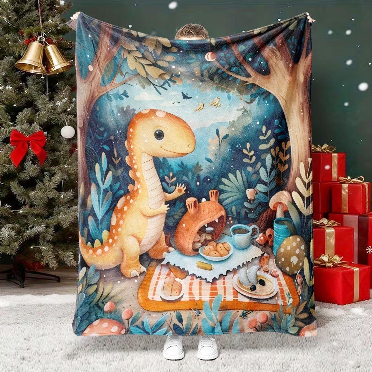 

Forest picnic with dinosaurs Flannel printed blanket suitable for all seasons suitable for living room office sofa and travel 75x100cm (30x40inch)