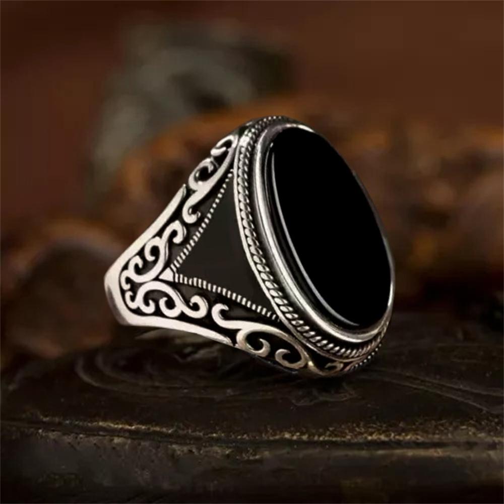 Vintage Men's Handmade Turkish Black Zircon Stone Ring Ancient copper Color Pattern Ring Trendy Islamic Religious Muslim Jewelry