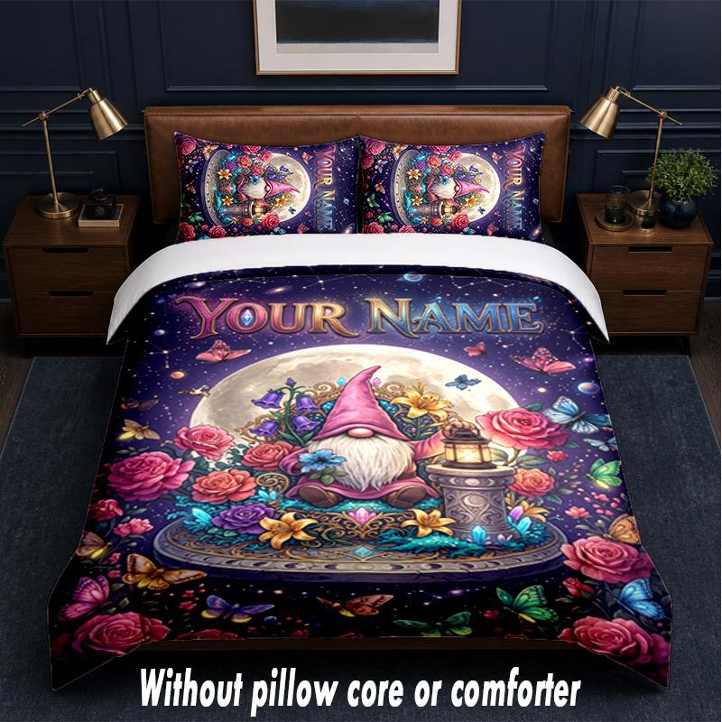 Set Biancheria da Letto a Tema Gnomo con Testo o Nome Personalizzato, 3 Pezzi, 1 Lenzuolo Sotto con Angoli & 2 Federe, Biancheria da Letto Personalizzata per la Casa