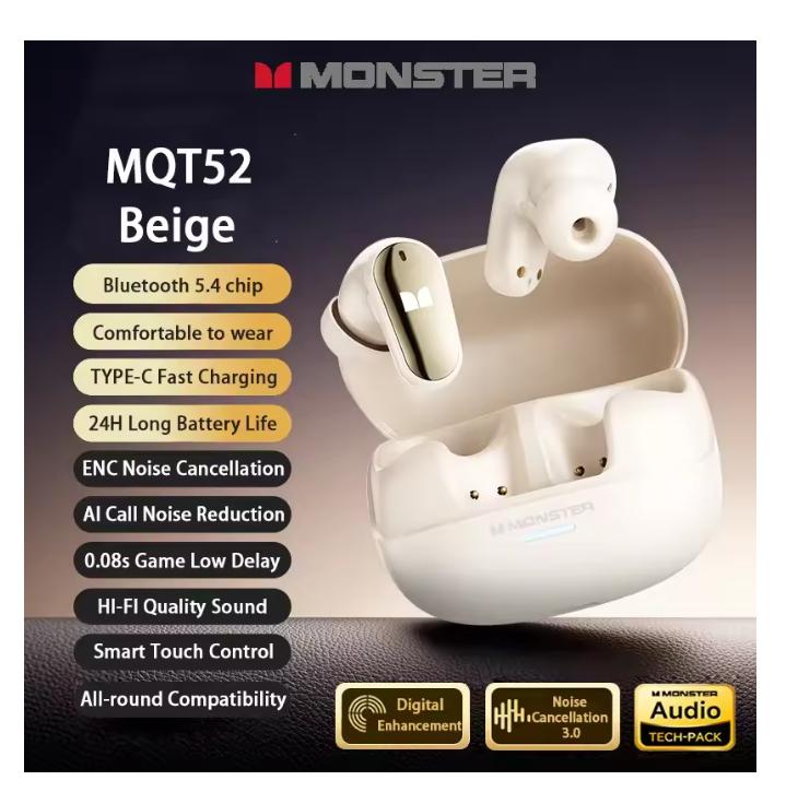 

2025 New Monster MQT52 TWS Wireless Bluetooth 5.4 Headset HIFI Stereo Music Gaming Earphones Talking Noise Canceling Earbuds
