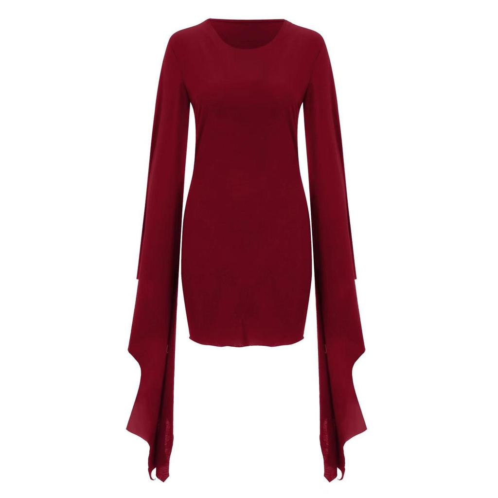 2023 Schwarz & Rot Vampirkostüm - Langes Kleid mit Rundhalsausschnitt & Schnürdetails