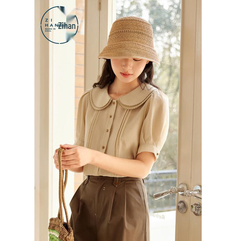 ZIHAN Women s French Sweet Lace-Trim Puff Sleeve Shirt L