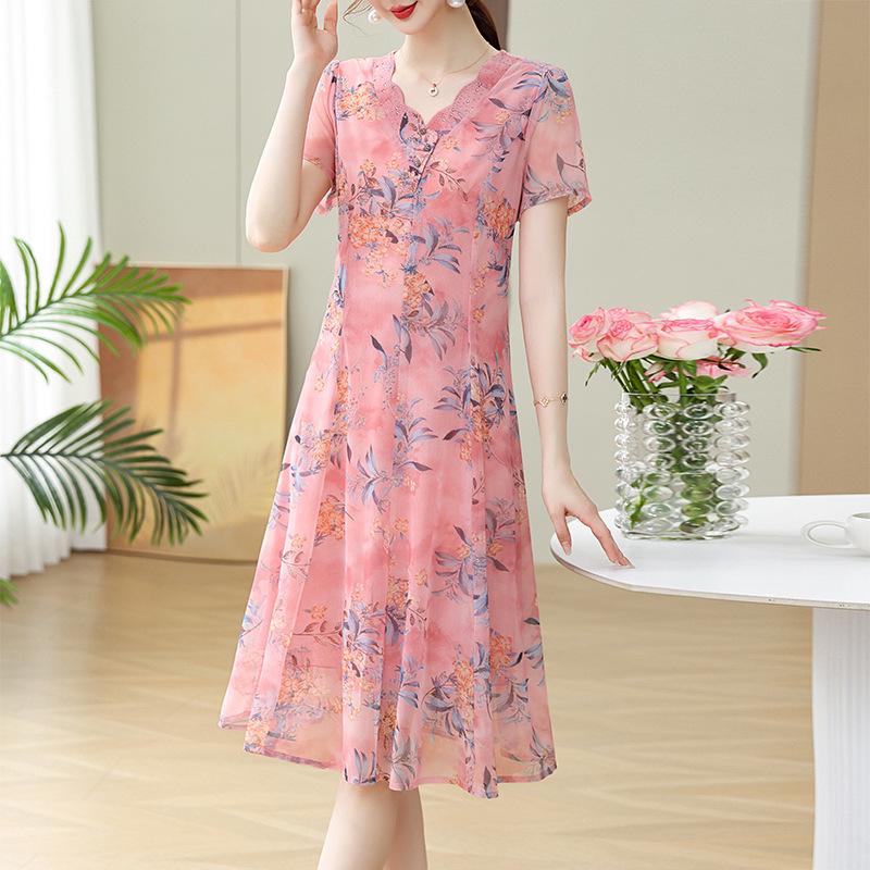 

Chiffon Summer Midi Dress for Mothers: Stylish 2026 Short-Sleeve Slimming Fit Skirt XXXL рожевий червоний колір