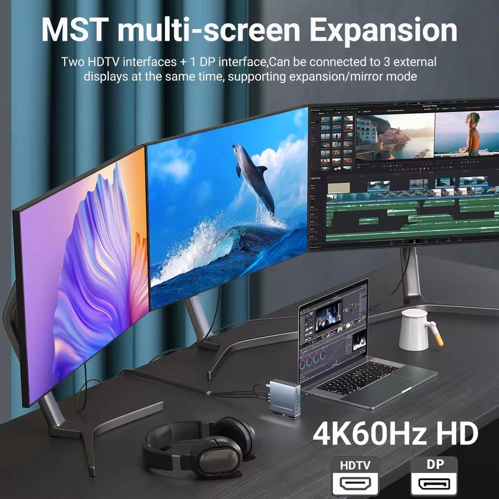 15 In 1 Hub Type-C Docking Station 4K@60Hz HDMI DisplayPort USB A RJ45 SD TF Audio 3.5mm Port Adapter for Macbook Pro Laptop PC