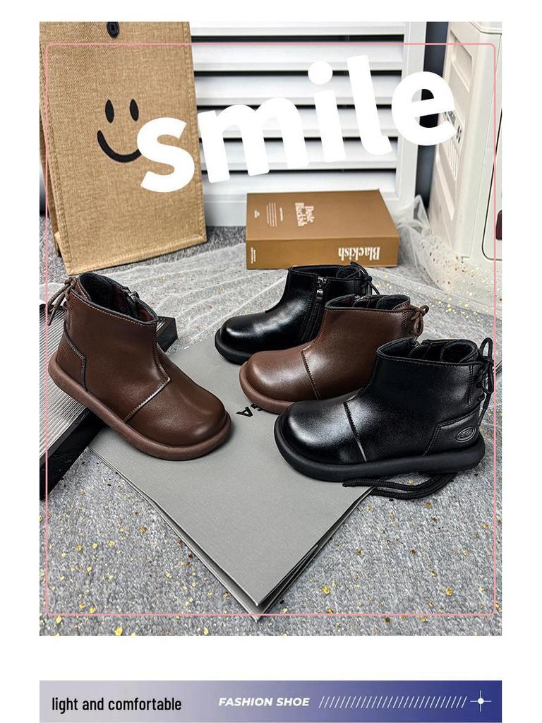 Girls' Black Martin Short Boots with Velvet - 2025 Autumn/Winter Edition Leather Princess Shoes