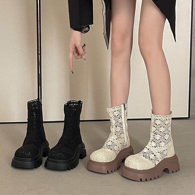 Fashion Summer Women's Thick-soled Exquisite Lace Mesh Cool Boots Fad Design Sense Hollow Womens High Quality High-top Boots Botas Mujer