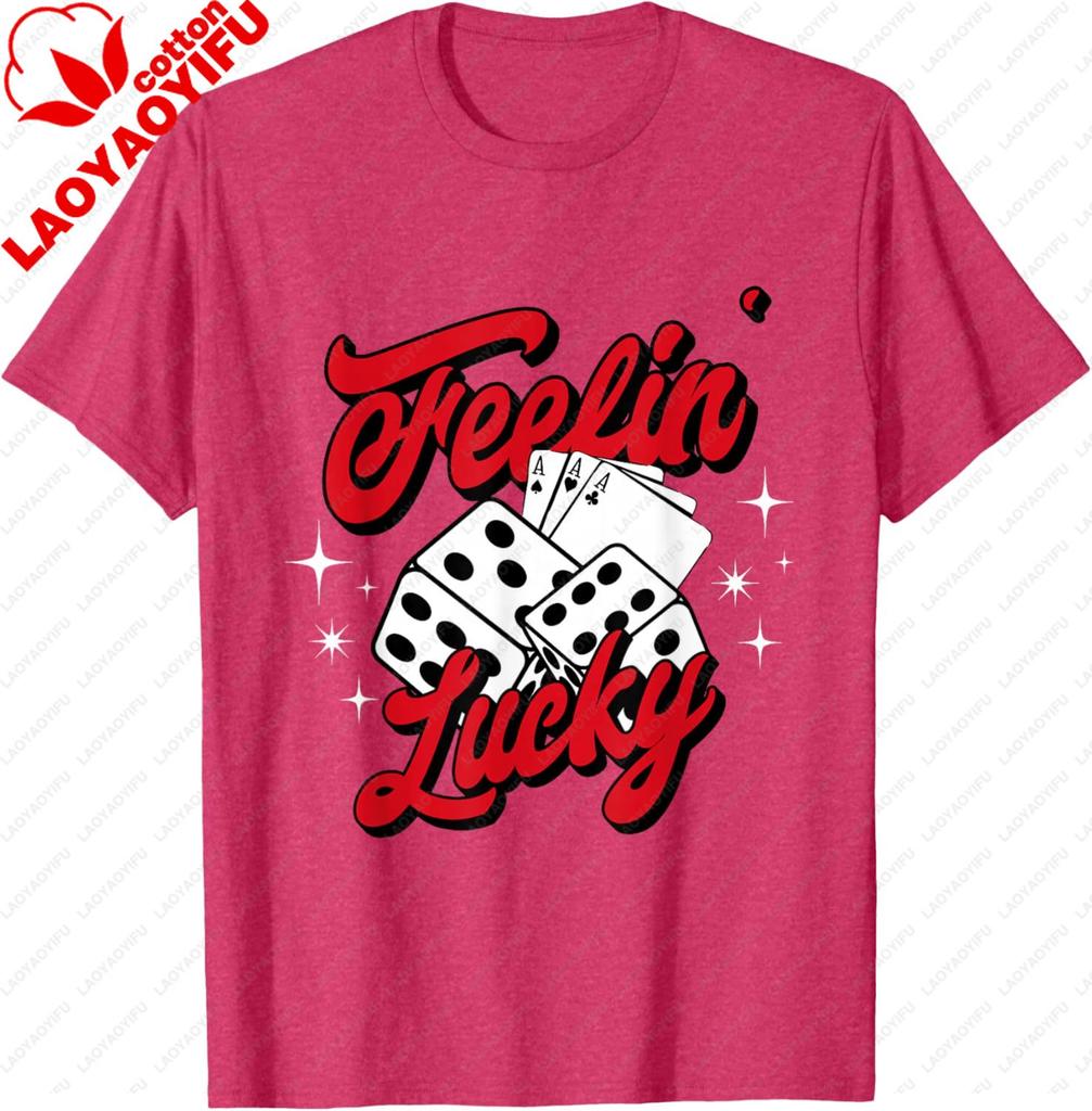 Feelin Lucky Gambling Casino Cards and Dice TShirt  Clothes for Man Black Street Short Sleeve Tee