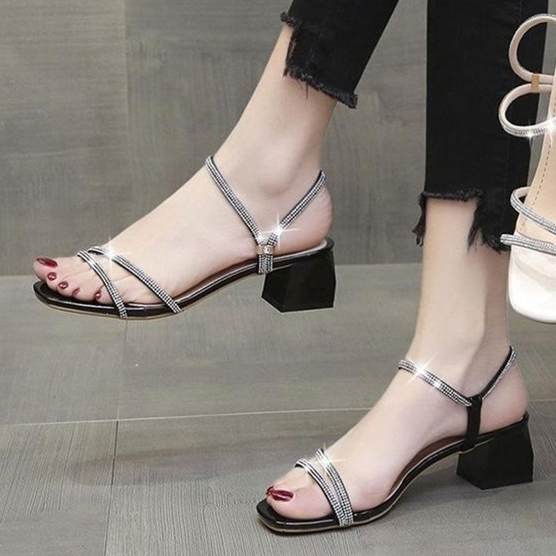 2025 New Versatile Lightweight Sandals Middle Heel Internet celebrities ins Tide Rhinestone Thick Heel Strap Roman High Heel Sandals