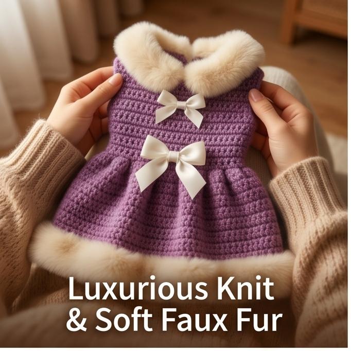 Princess-Style Pet Dress with Bow & Lace, Warm Winter Knit for Cats & Small Dogs, L Size, Daily Home & Outdoor Wear