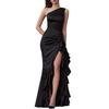 European & American One-Shoulder Satin Evening Gown with Layered Ruffles