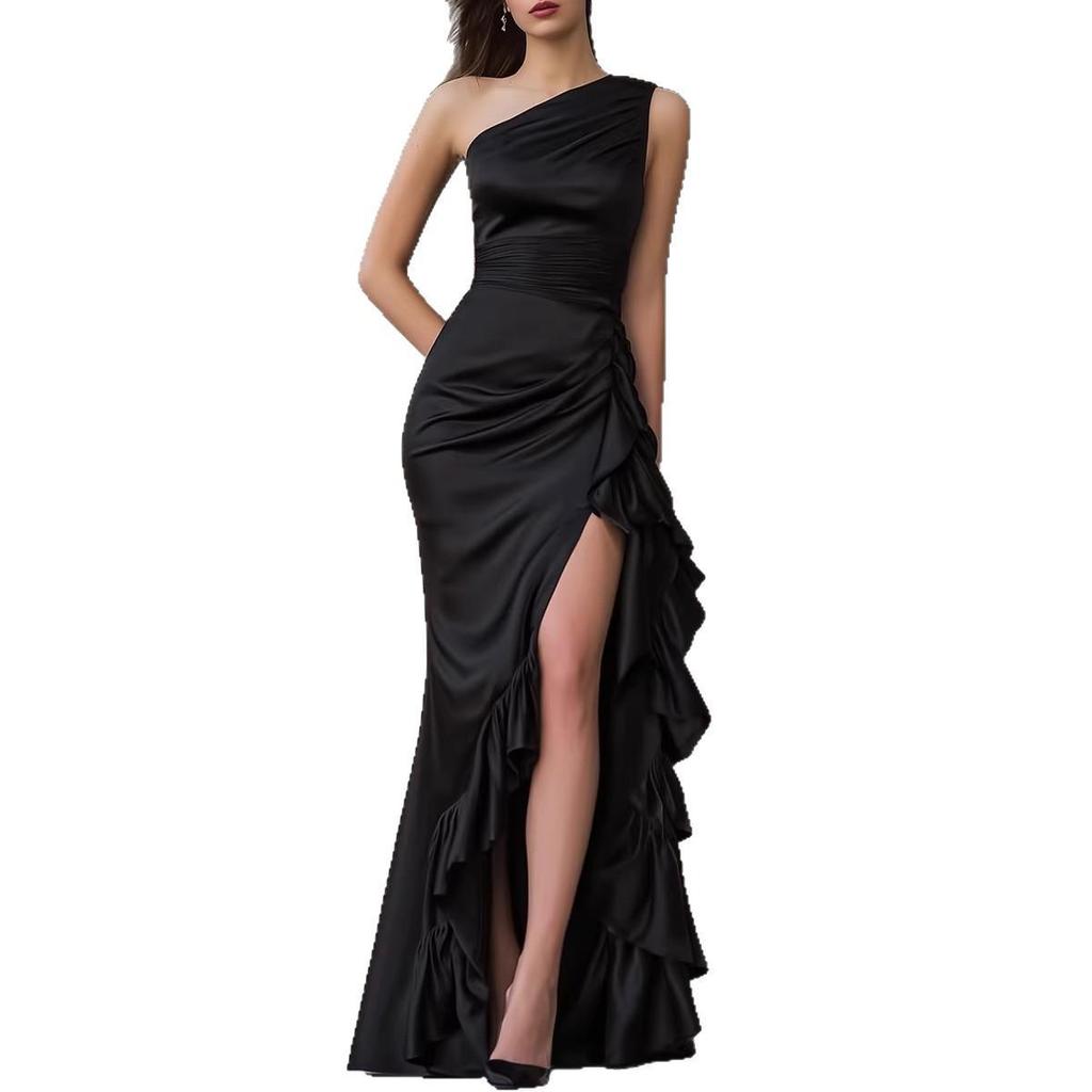 European & American One-Shoulder Satin Evening Gown with Layered Ruffles