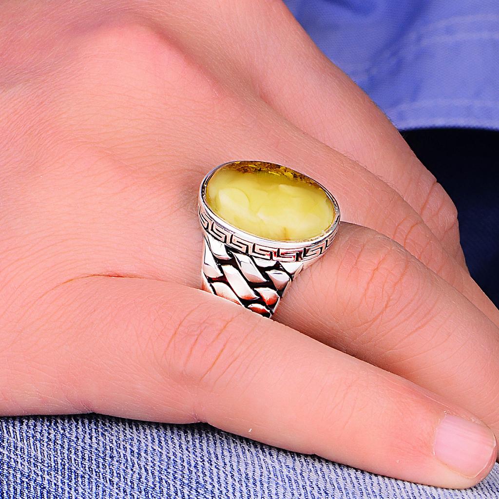 Natural Amber Silver Men's Ring, Unique Handmade Sterling Band, Elegant Amber Statement Piece for Him