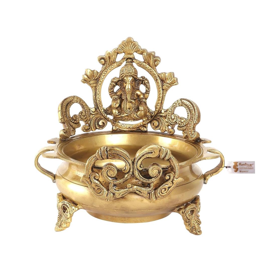 Original Brass Ethnic Carved Ganesha Design Idol Urli Decor Bowl Showpiece, Gold