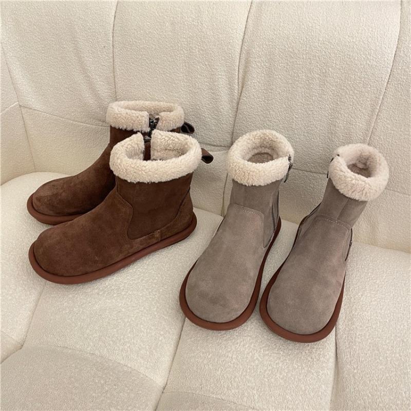 Snow Boots Women's Winter New Retro Velvet Warm Cotton Shoes Flat Bottom Ugly Cute Fluffy Cotton Short Boots