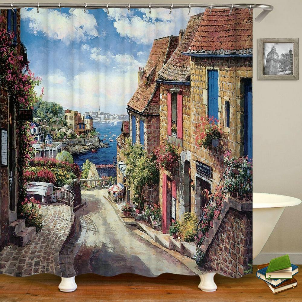Rural Garden Scenery Shower Curtains Street Stone House Bathroom Curtain Waterproof Cloth Decoration Made Of Polyester Washroom Decor