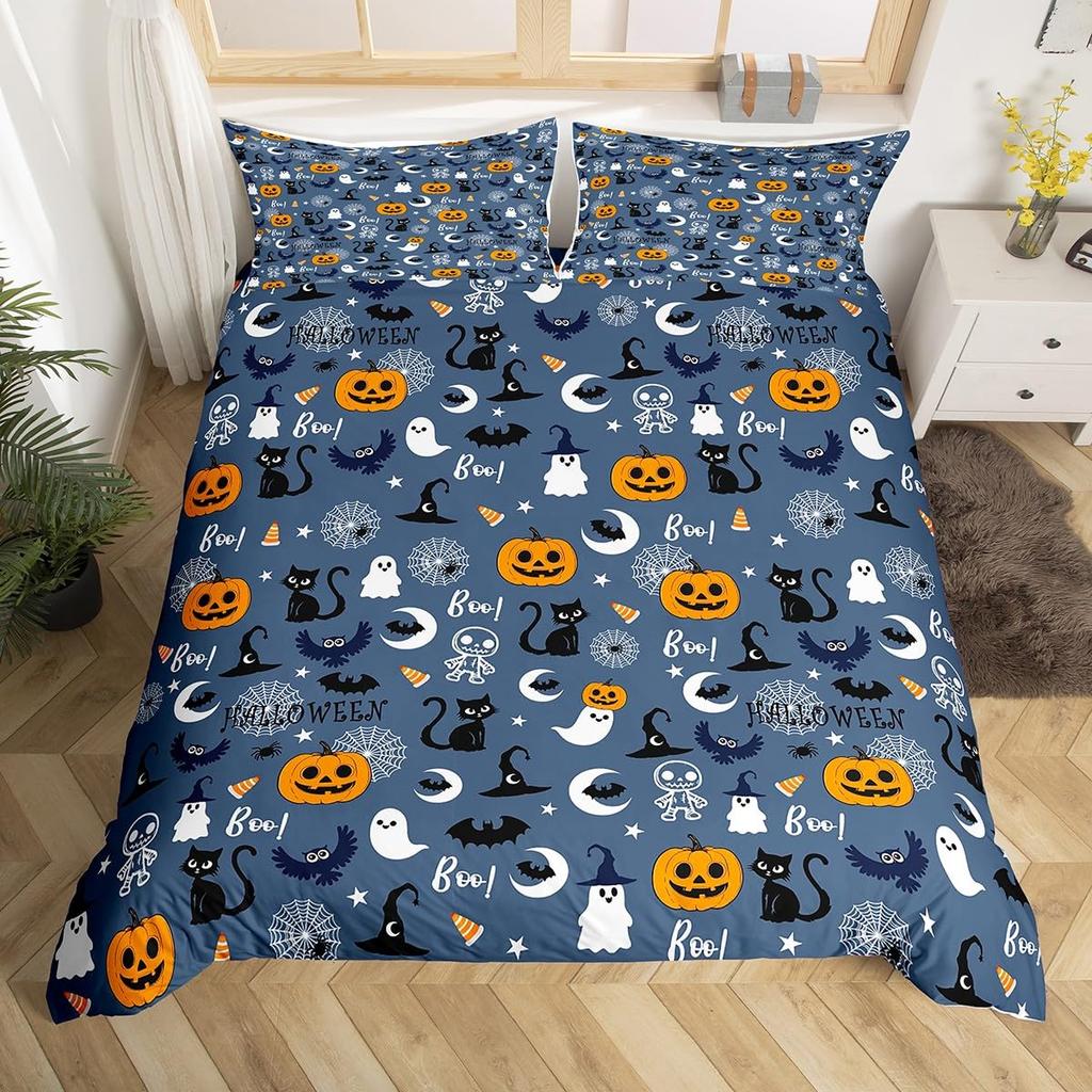 Comforter Happy Halloween Ghost Full Bedding Set For Boys Girl Spider Bat Black Cat Print Comforter Trick Or Treat Theme