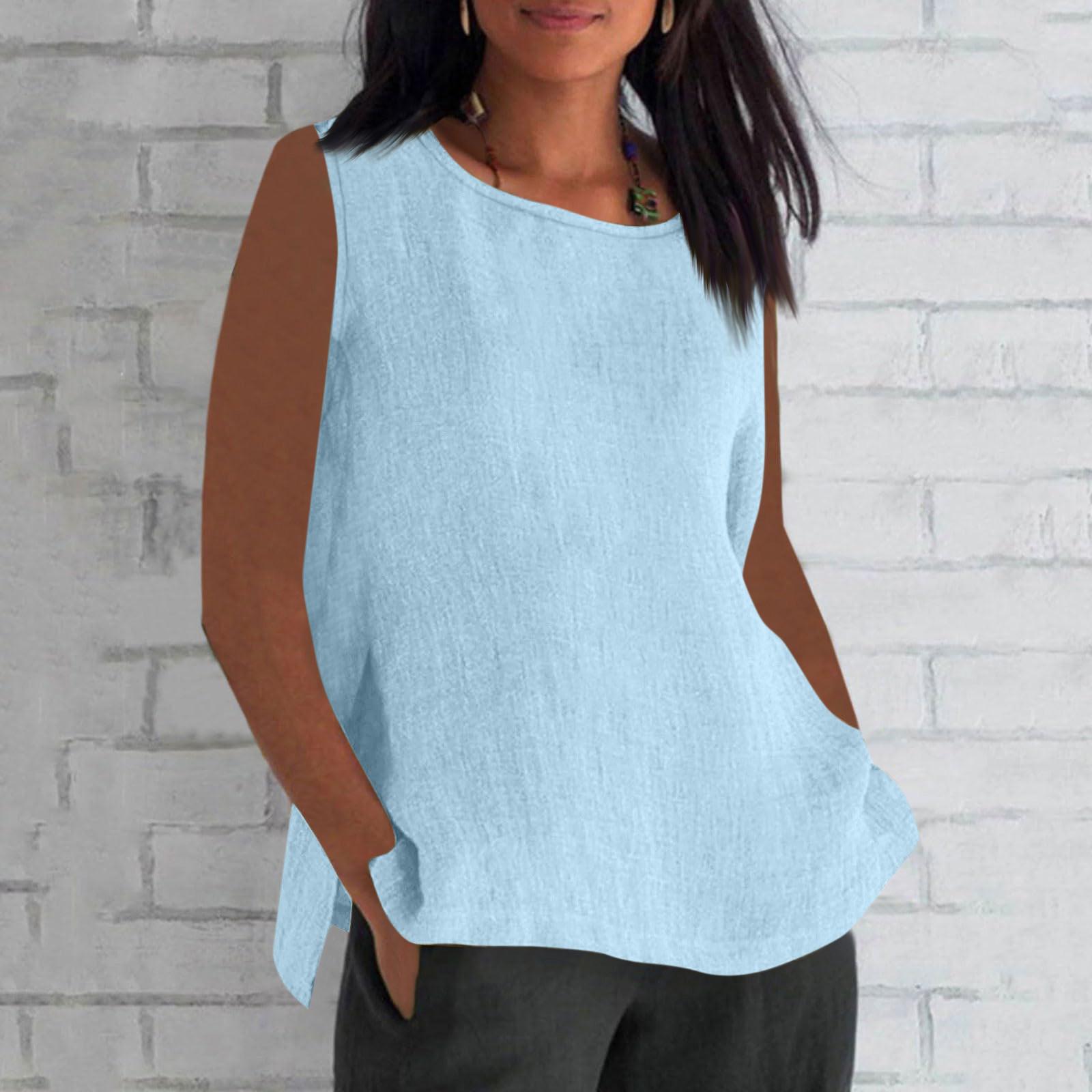 

Летние хлопковые и льняные тонкие дышащие топы для женщин, свободные большие размеры, футболка с короткими рукавами и круглым вырезом, летняя блузка, одежда L синий