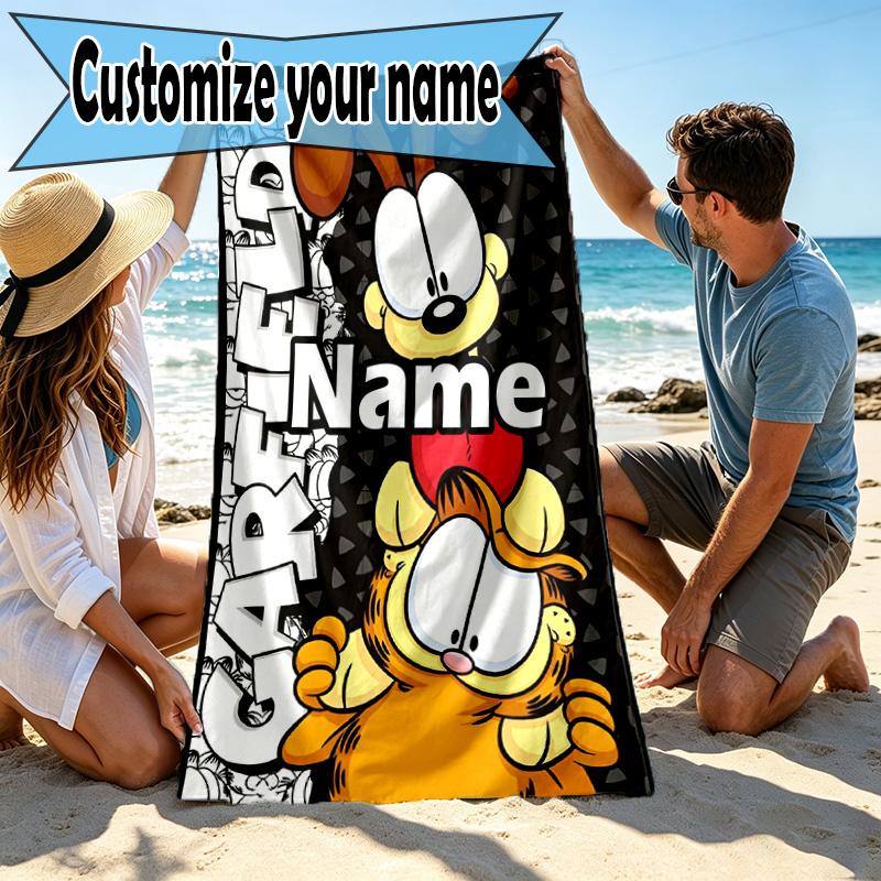 Custom Name Personalized Garfield Print Beach Towel, for Trip Camping Beach Party Home Decor, Birthday Gift for Family & Friends