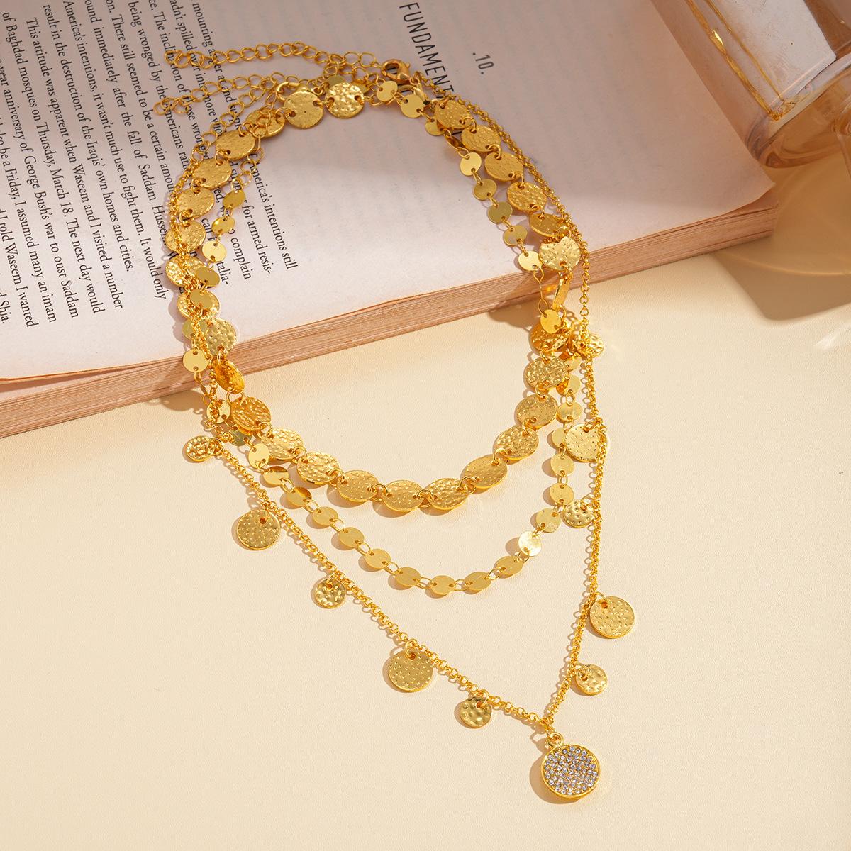 Three-piece diamond-encrusted multi-layer geometric round sequined necklace necklace