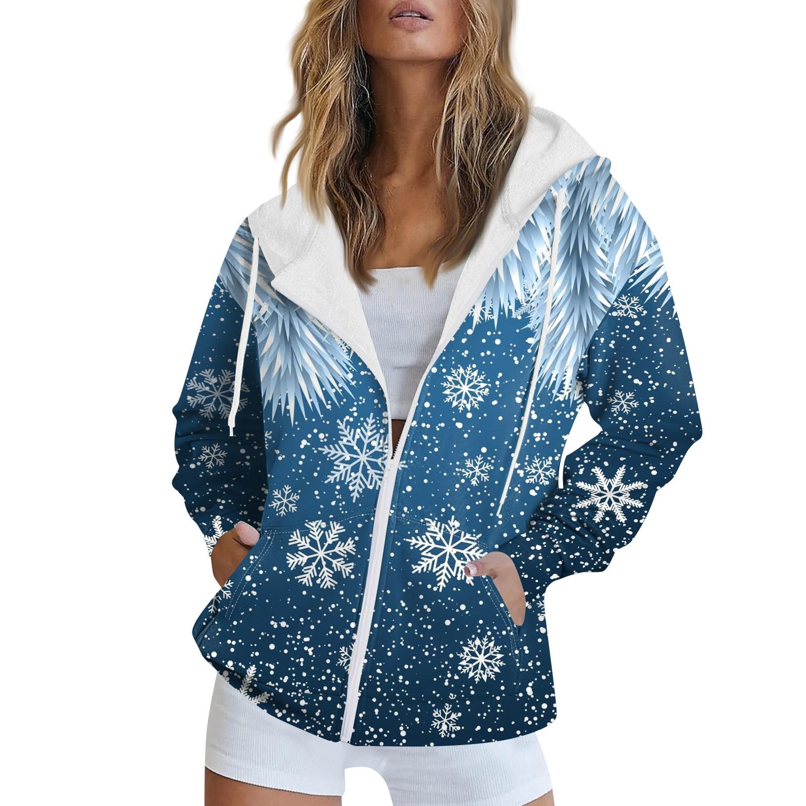 

Женская рождественская печатная толстовка, зимняя куртка-кардиган с длинными рукавами и карманами, на молнии, толстовка с капюшоном, верхняя одежда M
