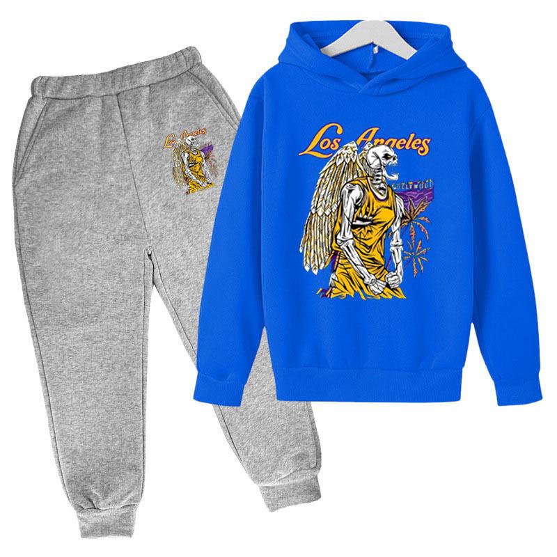 Autumn Winter Los Angeles Lakers "City of Angels" Skeleton Printed Hoodies Sweatpants Set Casual Warm Sports Long Sleeved Pants Men's Sport Wear
