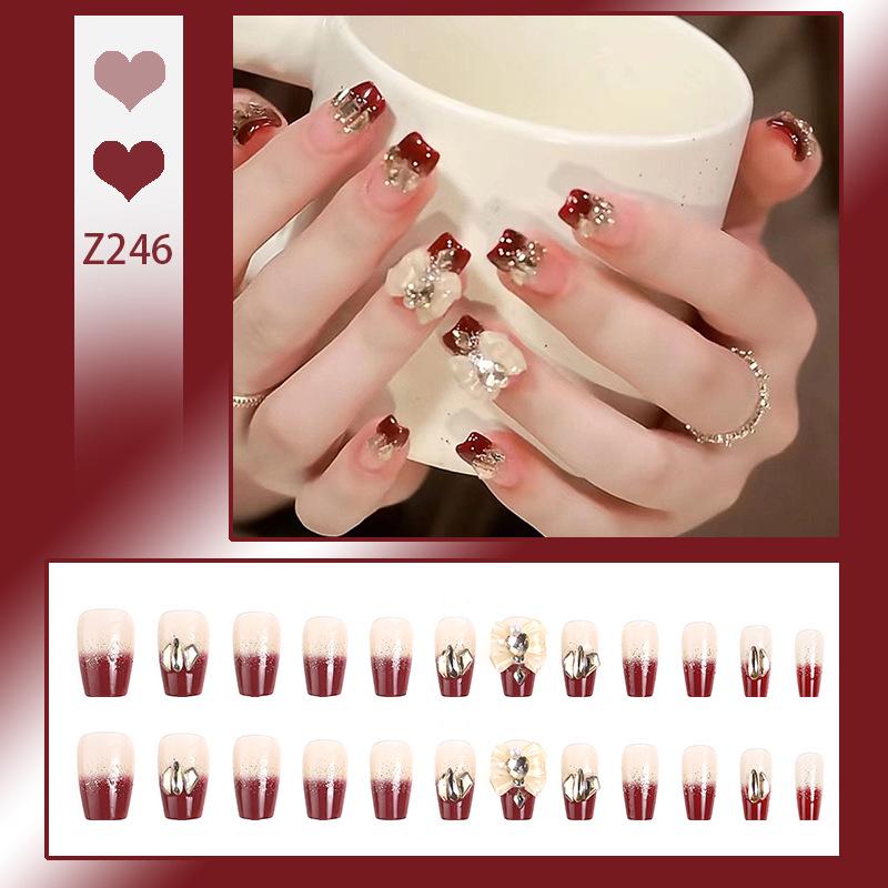 Medium-Long Burgundy Rhinestone Nail Stickers for Autumn/Winter and New Year