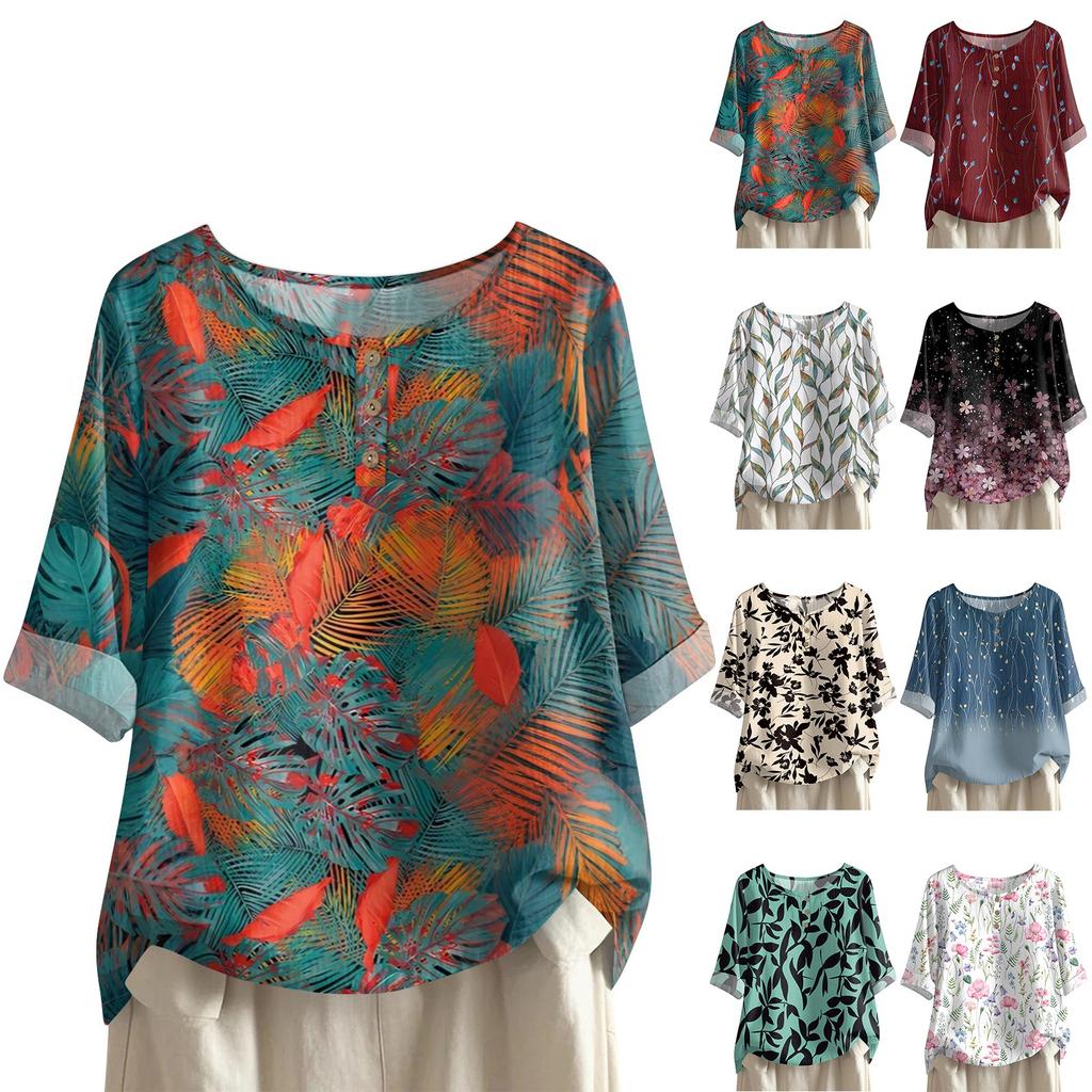 Women's Fashionable And Casual Shirt Half-sleeve Round Neck Print Cotton And Linen Blouse Top