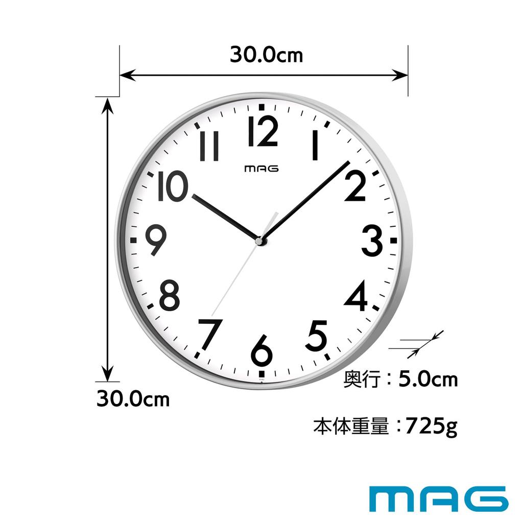 MAG Wall Clock Analog Silent Continuous Second Hand Simple Diameter 30.0cm Silver Leon W-802A SM-Z Noah Precision