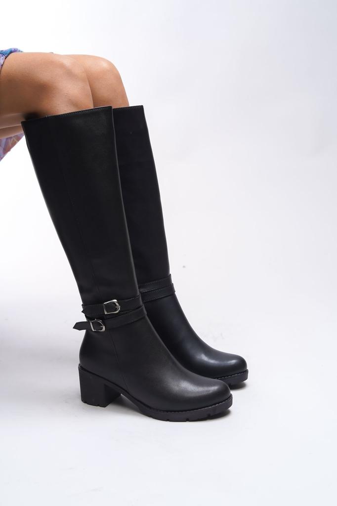 Women Modern Stylish Fashion Boots Boots Faux Leather Zauhilde Buckle Detailed Heeled Boots Black Skin