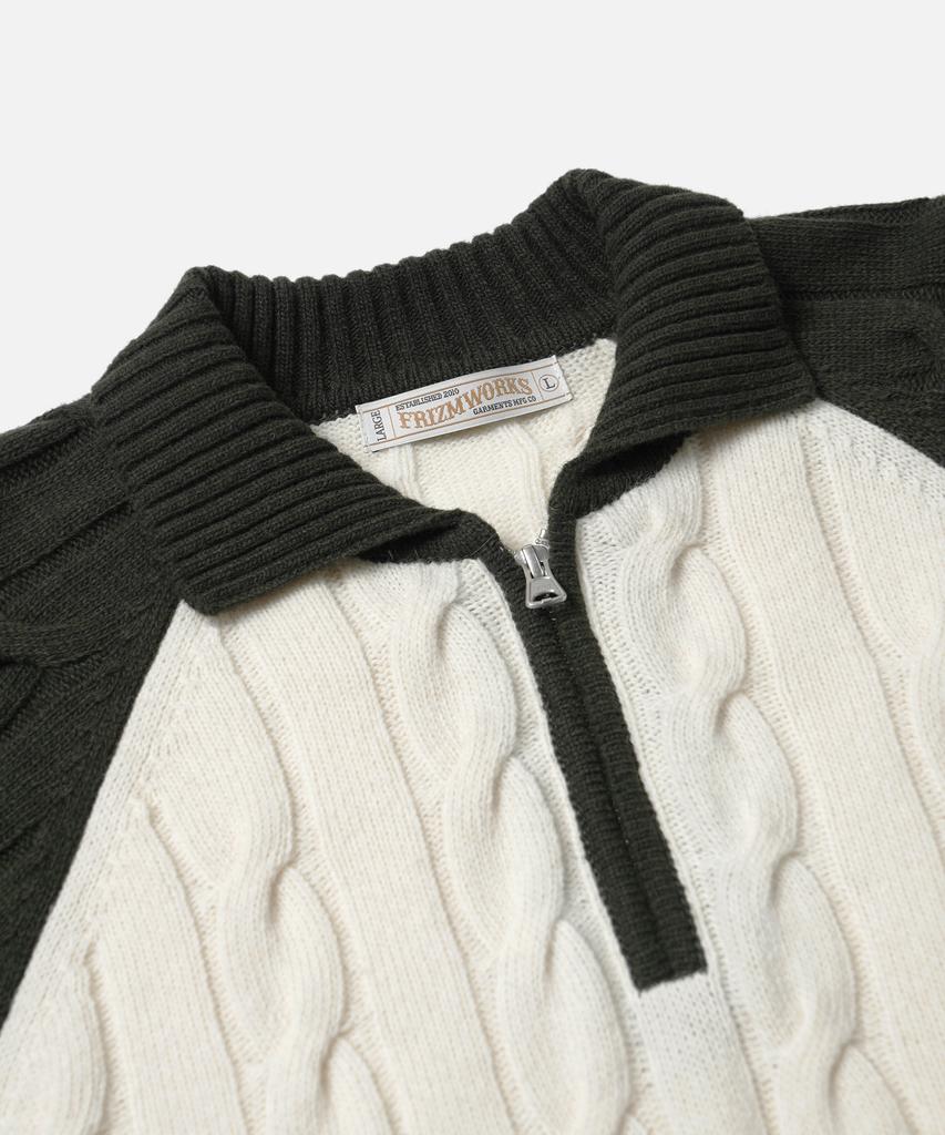 FRIZMWORKS Wool Cable Raglan Half Zip Knit _ Dark Olive
