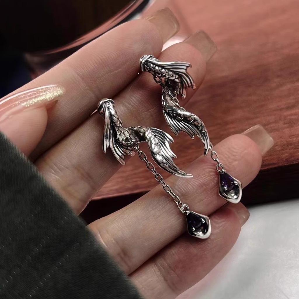 PANJBJ 925 Sterling Silver Red Zircon Studs Earring For Women Neo-Gothic Punk Wing Feather Angel Devil Jewelry Gift Dropshipping