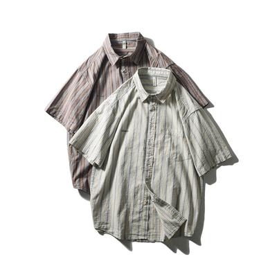 Vintage American Shirt Men Short Sleeve Stripes Summer Pure Cotton Retro Outwear Export Men's Casual Shirt