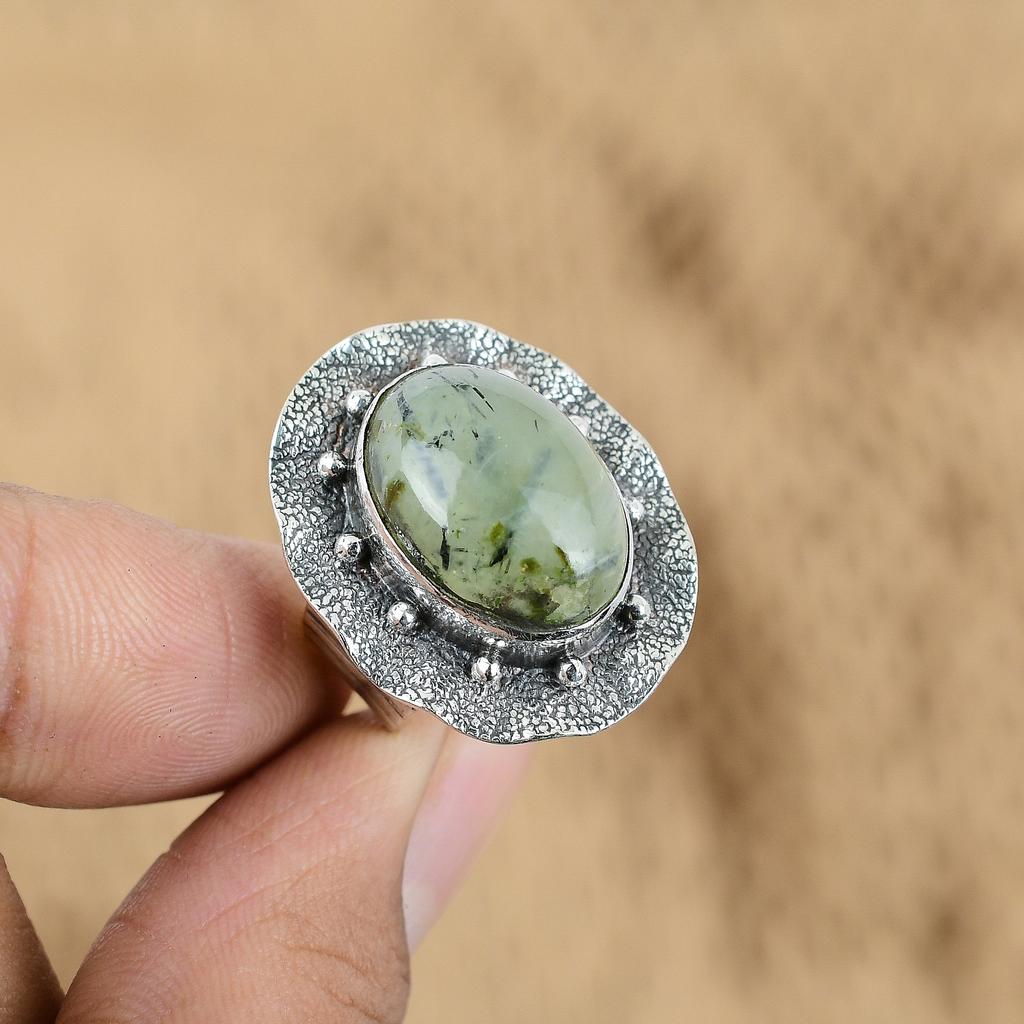 Mothers day Sale 925 Sterling Silver Moss Prehnite Gemstone Handmade Ring Size 6